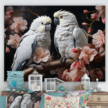 White Parrots Jungle Harmonics - Parrot Bedroom Wall Art